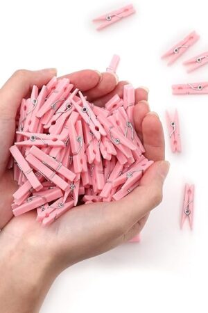 100PCS Baby Shower Clothespins Games Girl Plastic Clothes Pin with Waterproof Bag Mini Pink Pin Bulk 1.37 inch for Party Decorations, DIY Crafts