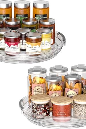 Clear Lazy Susan Organizer Turntable for Cabinet Table Top, 9.25 Inch 2 Pack 360 Rotating Spinning Makeup Organizer for Vanity, Kitchen Storage Rack Heavy-Duty Pantry Spices Tray Countertop Organizer