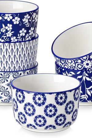 vancasso Selene 6 oz Ceramic Ramekins Set of 6, Microwave & Dishwasher Safe Souffle Cups for Baking, Dip & Sauce, Desserts, Handcrafted Blue Floral Bowls