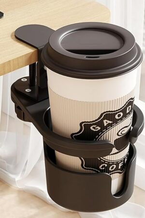 Deeper Desk Cup Holder, 360°Rotating Anti-Spill Cup Holder, Adjustable Clamp on Cup Holder for Gaming Desk, Gift for School, Gamer and Office, Desk Storage, Drink Holder for Coffee Cup, Arm Chair