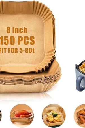 Air Fryer Paper Liners, 150 PCS Non stick Oil Resistant Air Fryer Parchment, 8 Inch Disposable Food Grade Free Of Bleach Square Parchment Baking Paper