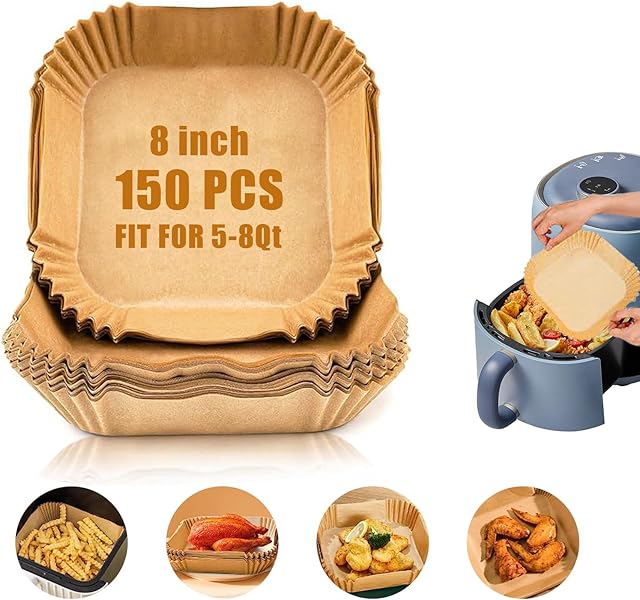 Air Fryer Paper Liners, 150 PCS Non stick Oil Resistant Air Fryer Parchment, 8 Inch Disposable Food Grade Free Of Bleach Square Parchment Baking Paper