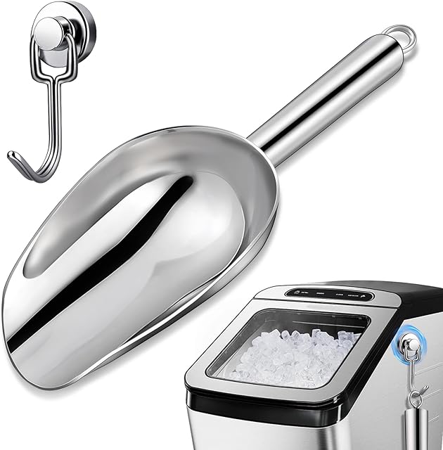 6oz Stainless Steel Ice Scoop for Freezer with Magnetic Hook – Dishwasher Safe Ice Scooper for Ice Machine – Metal Scoop for Ice Bucket, Dog Food, Flour, Canisters
