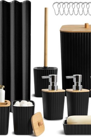 Black Bathroom Set, 21Pcs Bathroom Shower Curtain Sets with Hooks, Bathroom Set with Trash Can, Bathroom Accessories Sets Complete with Shower Curtain Set, Bathroom Soap Dispenser Set