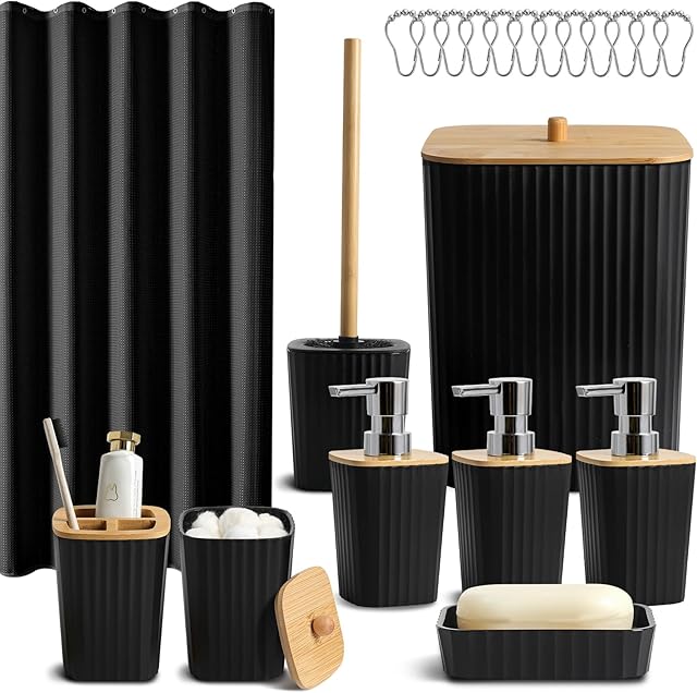 Black Bathroom Set, 21Pcs Bathroom Shower Curtain Sets with Hooks, Bathroom Set with Trash Can, Bathroom Accessories Sets Complete with Shower Curtain Set, Bathroom Soap Dispenser Set