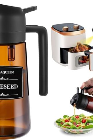 2 in 1 Oil Sprayer for Cooking, 16oz Olive Oil Dispenser Bottle for Kitchen Gadgets with 8 Stickers, Glass Bottle for Air Fryer