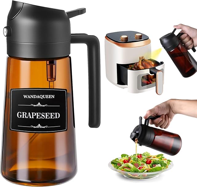 2 in 1 Oil Sprayer for Cooking, 16oz Olive Oil Dispenser Bottle for Kitchen Gadgets with 8 Stickers, Glass Bottle for Air Fryer