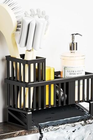 Yieach Rustproof Kitchen Sink Caddy Organizer,Durable Plastic Scrubber,Drain,Dish Sponge Holder,Dish Soap Rack and Dispenser,Multifunctional Kitchen Sink Counter Storage Organization Accessories,Black