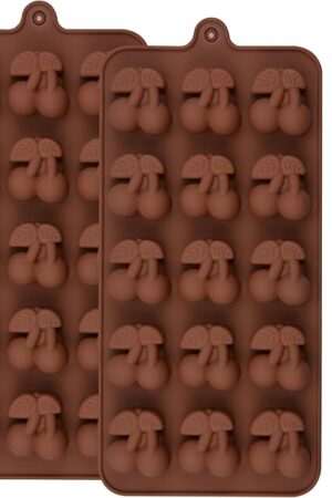 2Pcs Cherry Shape Silicone Chocolate Molds, Nonstick Silicone Baking Mold for Chocolate, 30-Cavity Reusable Fruit Bite Size Candy Molds Butter Mold for Truffle Marshmallow Jelly Gummy Ice, Brown