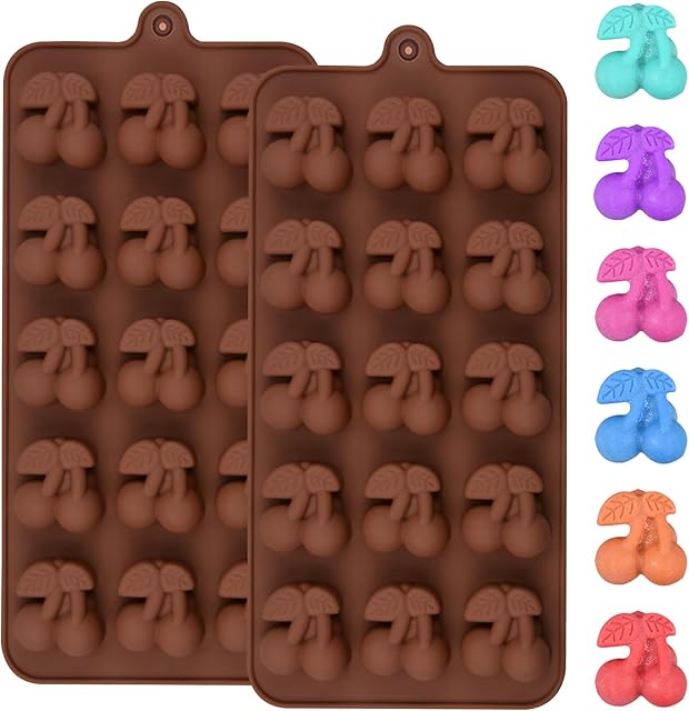 2Pcs Cherry Shape Silicone Chocolate Molds, Nonstick Silicone Baking Mold for Chocolate, 30-Cavity Reusable Fruit Bite Size Candy Molds Butter Mold for Truffle Marshmallow Jelly Gummy Ice, Brown