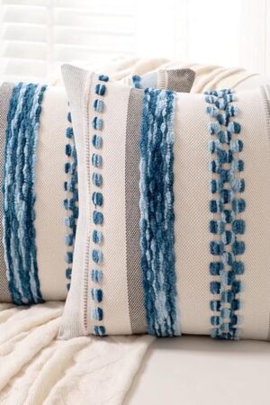 Boho Throw Pillow Covers 18x18 Set of 2 Farmhouse Decorative Cushion Case Striped Square Pillows Cover Chenille Pillow Cases Accent Neutral Pillowcase for Sofa Couch Bed,Sky Blue