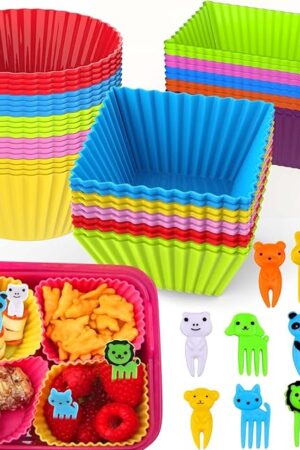 XANGNIER 60 Pcs Silicone Lunch Box Dividers with Animal Food Picks,Reusable Lunch Bento Box Accessories for Kids,Lunchbox Supplies Accessories,Back to School Lunch Essentials,Silicone Cupcake Liners