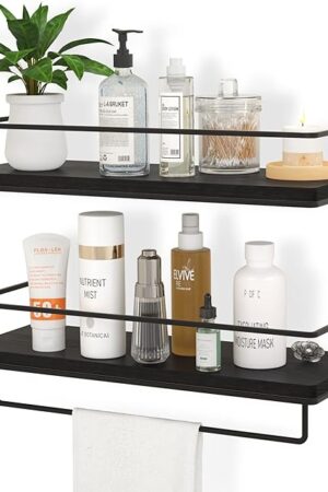 ZGO Floating Shelves for Wall Set of 2, Wall Mounted Storage Shelves with Black Metal Frame and Towel Rack for Bathroom, Bedroom, Living Room, Kitchen, Office (Black)