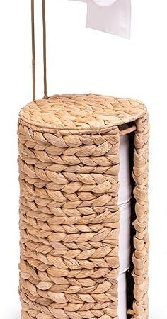 Wicker Toilet Paper Holder with Minimalist Hanging Bar, Rattan Decorative Toilet Tissue Basket for up to 4 Mega Rolls, Boho Woven Toilet Paper Storage with Lid
