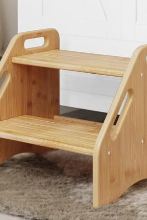 AMBIRD Wooden Step Stool, Two Step Stools Toddler 300 lbs Capacity with Safety Non-Slip Pads and Handles, Bamboo Step Stool for Bathroom, Kitchen Dual Height Step Stools for Kids (Natural)