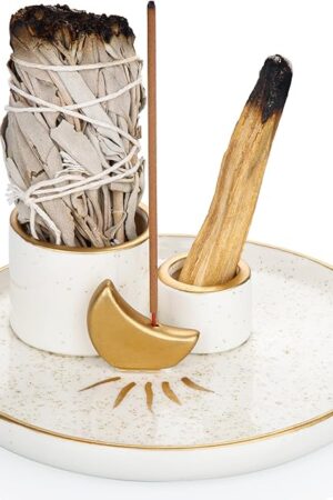 ZenBless Multifunction Incense and Candle Holder for Burning Sage, Palo Santo, Incense Sticks - 5.9" Ceramic Ash Catcher Tray for Meditation Room Home Decor (Gold)