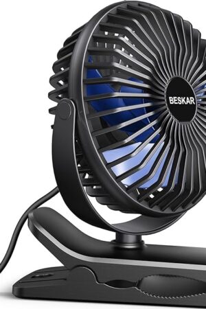 BESKAR USB Clip on Fan, Portable Small Fan with Cord Powered, 3 Speeds Strong Airflow, with Sturdy Clamp, Quiet Personal Desk Fan