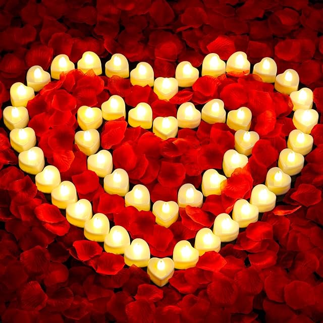 Audab Rose Petals and Candles Set for Romantic Decorations, 48 Romantic Candles with 4000 Fake Rose Petals for Special Night, Hotel Room, Date Night, Bedroom, Valentine's Day Decorations
