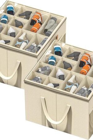 Aokeyee Shoe Storage Organizer for Closet, Large Shoe Box Storage Containers with Clear Cover and Reinforced Handles, Foldable Shoe Storage Organizer Box Bin, Fits to 12-16 Pairs, 2 Pack (Beige)