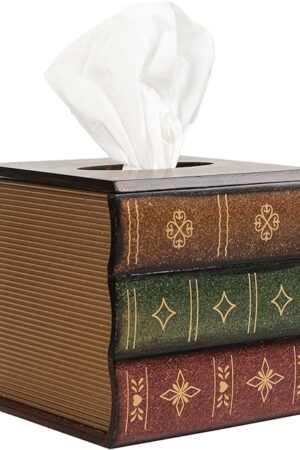 Crafted Classical Retro Wooden Antique Book Tissue Box Cover Square Tissue Holder Dispenser Paper Cover Case Napkin Holder Home Decor for Bathroom Living Room Office car Kitchen (brown)