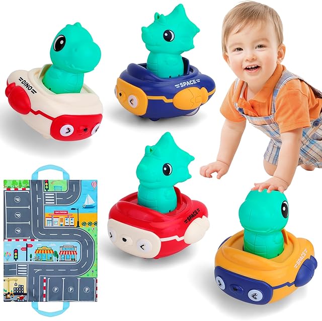 The Dinosaur Car Toys for Toddlers - Over 18 Months Old Boys Baby Press and Go Cars with Play Mat, Baby Push Go Friction Car Set Travel Toys for Over 18 Months