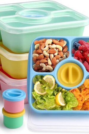 Bento Snack Box Containers for Adults Kids, 4 Pack Lunchable Meal Prep Containers Reusable, Stackable Bento Lunch Box, Food Storage Prep Containers with Lids and 4 Sauce Cups, Pastel Color, Clear Lid