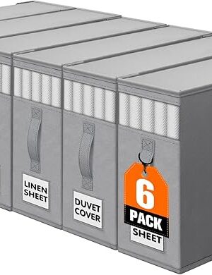 WOWBOX Sheet Organizers and Storage,Closet Bed Sheet Organizer Under Bed Storage and Organization with Label Cards & Clear Window for Bedding Sheets,Duvet Covers,Blankets (6 Pack๏ผGray)
