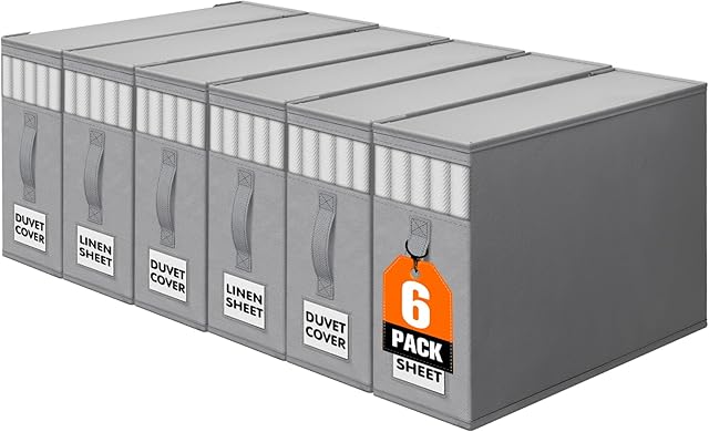 WOWBOX Sheet Organizers and Storage,Closet Bed Sheet Organizer Under Bed Storage and Organization with Label Cards & Clear Window for Bedding Sheets,Duvet Covers,Blankets (6 Pack,Gray)