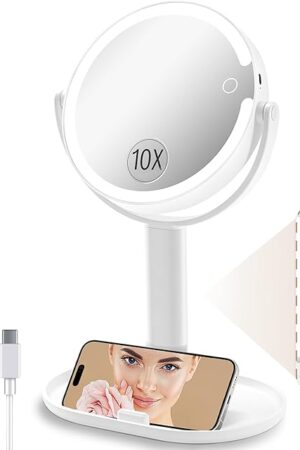 Vanity Makeup Mirror with Lights, 10X/1X Double Sided Magnifying Light up Desk Mirror with Stand Cosmetic Organizer, 3 Color Brightness Adjustable 360° Rotation Detachable for Travel