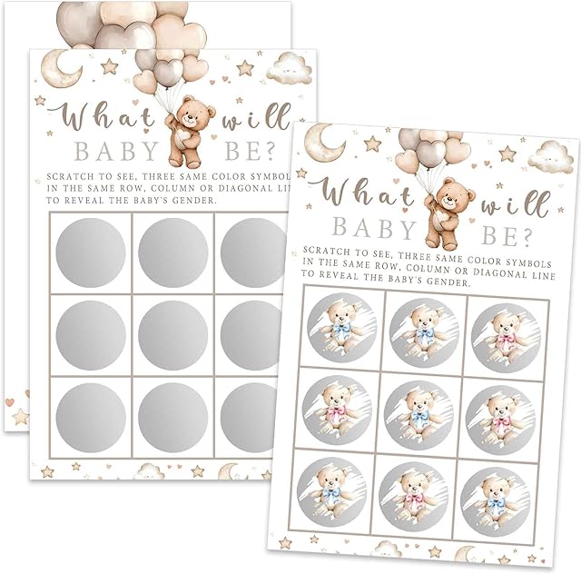 The Its a Boy Tic Tac Toe Board Bear Gender Reveal Scratch Off Scratcher Lottery Tickets Cards Baby Boy Gender Announcement Cards Boy or Girl Baby Shower Game 25 Pack