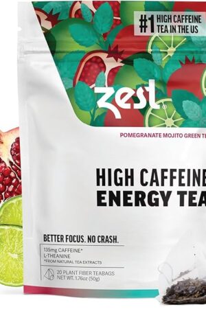 Zest 20 Pack Pomegranate Mojito Green Tea - 135mg High Caffeine | Healthy Coffee Alt | Strong Flavored | All Natural | Energy Leaf Blend | Highly Caffeinated