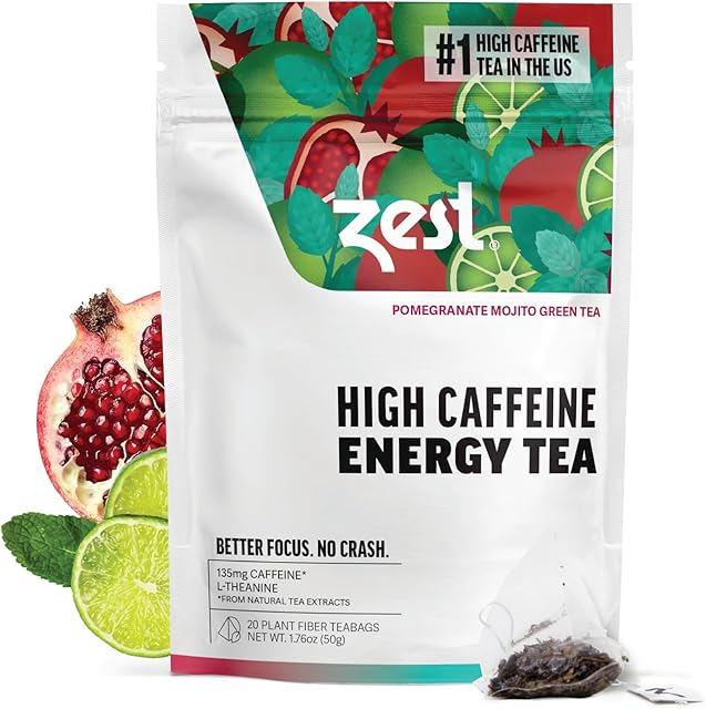 Zest 20 Pack Pomegranate Mojito Green Tea - 135mg High Caffeine | Healthy Coffee Alt | Strong Flavored | All Natural | Energy Leaf Blend | Highly Caffeinated