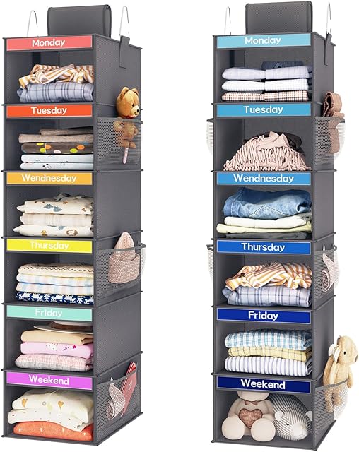 Fixwal 2 Pack 6-Shelf Weekly Clothes Organizer for Kids, Kids Daily Shelf Hanging Closet Organizer with 6 Side Pockets, Days of The Week Hanging Storage Shelves (Dark Grey)