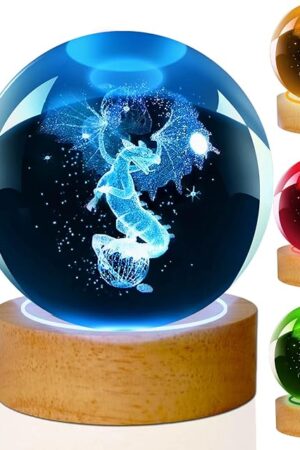 Dragon Lamp, 80mm 16 Colors Crystal Ball Night Light with Wooden Base and Remote Control, Birthday Gift and Dragon Gifts for Women Men Kids