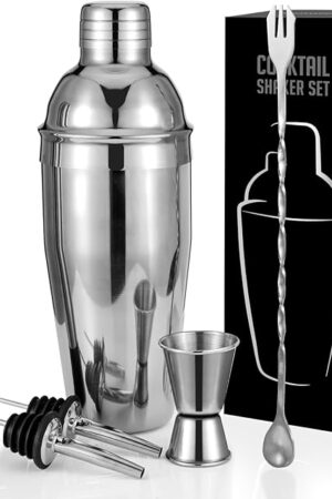 Cocktail Shaker Set, 6-Piece Mixology Bartender Kit Premium Shakers Bartending: Martini Shaker Jigger Mixing Spoon Muddler 2 Pourers Bar Tools Set with Built-in Bartender Strainer for Drink Shaker