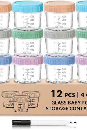 DRKIO 12 Pack Glass Baby Food Storage Containers - 4 Oz Baby Food Jars with Lids Baby Food Maker Microwave Dishwasher Freezer Safe 100% Leak Proof BPA Free Reusable