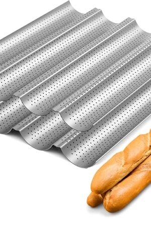 2 Pack Nonstick Perforated Baguette Pan 15" x 13" for French Bread Baking 4 Wave Loaves Loaf Bake Mold Oven Toaster Pan (Silver)