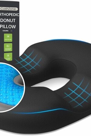 Donut Pillow Seat Cushion - Cooling Gel Floor Pillow, Memory Foam Floor Cushion for Office & Home, Car Seat, Hemorrhoids Pillow, Sciatica & Tailbone Pain Relief Chair Cushion, Black