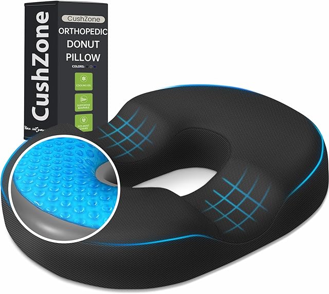 Donut Pillow Seat Cushion - Cooling Gel Floor Pillow, Memory Foam Floor Cushion for Office & Home, Car Seat, Hemorrhoids Pillow, Sciatica & Tailbone Pain Relief Chair Cushion, Black