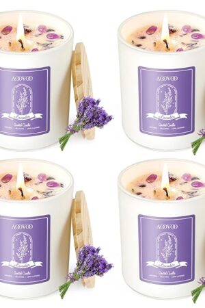 AOOVOO Lavender Candles Set for Women - 4 Pack Candles for Home Scented, Aromatherapy Candle with Crystals Inside, 28 oz 200 Hour Long Lasting, Birthday Gifts Mothers Day Candle for Women Mom