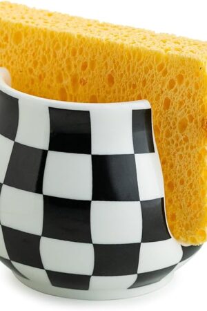 Checkered Sponge Holder for Kitchen Sink, Ceramic Dish Sponge Dish Rack Scrubby Holder Kitchen Organizer Cute Sink Caddy Organizer, Farmhouse Decor, Black and White