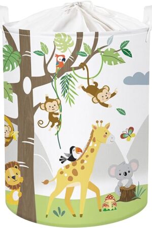 Clastyle Animal Tree Baby Laundry Hamper Kid Storage Basket Boy Girl Gift Toy Box Collapsible Clothes Organizer Nursery Bin for Bedroom, White, 36 * 45 cm