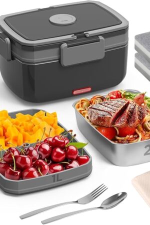 Electric Lunch Box for Adults – 90W Portable Food Warmer with 2L Stainless Steel & 1L Fruit Container, 12V/24V/110V Heated Lunch Box for Car, Truck, Office, Home