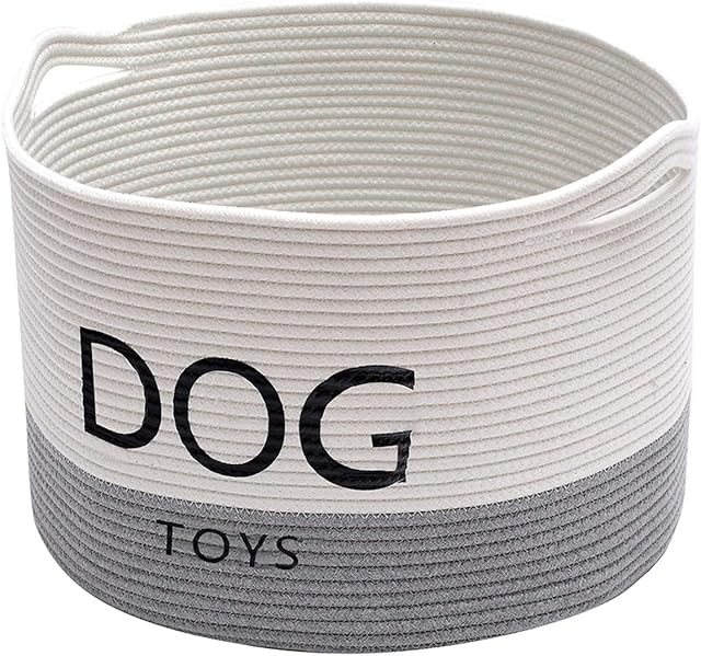 Geyecete Dog Storage Basket Round weave Rope Basket Dog Toy Storage Basket - Laundry Basket Storage Bin Pet Toy Storage Boxes -White/Gray