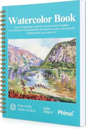The Phinus 30 Sheets Watercolor Sketchbook 5.5 x 8.5 Inch, Watercolor Paper Cold Press (140lb/300gsm), Spiral Bound Water Color Pad for Adults Kids, Mixed Media, Markers and Art Journaling