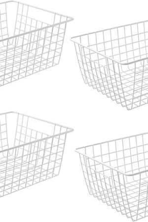 14" Upright Freezer Storage Baskets, White Wire Storage Bins Large Bakset for Freezer, Pantry, Bathroom Organizing, Set of 4
