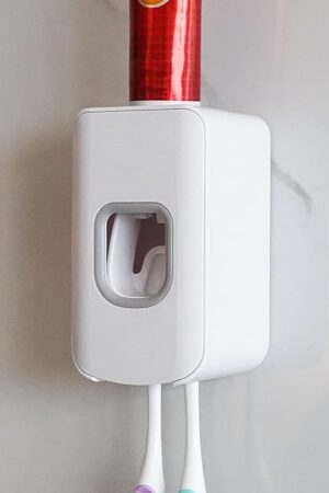 2 Slot Toothbrush Holder and Toothpaste Dispenser Wall Mounted, Automatic Toothpaste Squeezer, 2 in 1 Tooth Brush Toothpaste Organizer for Shower (White)