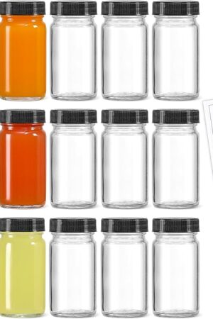 15 Pack 2 oz Glass Shot Mini Bottles w/ Black Lids & 15 Labels - Small Clear Jar for Ginger, Wellness Shot, Juice, Sample, Whiskey - Travel Essentials - Wide Mouth, Leakproof, Dishwasher Safe