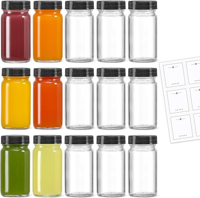 15 Pack 2 oz Glass Shot Mini Bottles w/ Black Lids & 15 Labels - Small Clear Jar for Ginger, Wellness Shot, Juice, Sample, Whiskey - Travel Essentials - Wide Mouth, Leakproof, Dishwasher Safe