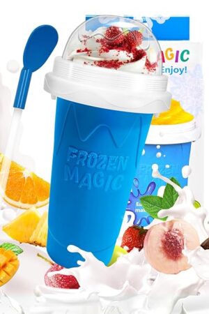 Bollove Slushy Maker Cup, DIY Magic Slushy Maker Squeeze Cup, Portable Smoothie Squeeze Cup for Juices, Milk and Ice Cream Make, Double Layers Silica Cup with Lid & Straw (Blue), 7.87*4.33in